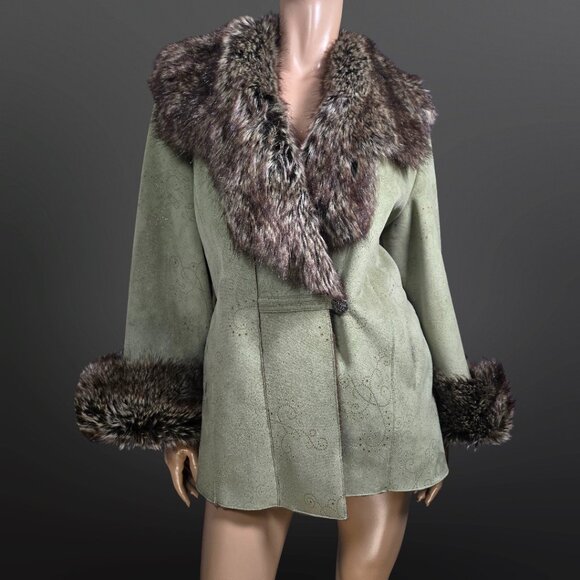 Y2K Faux Fur Green Brown Faux Suede Penny Lane Coat Size L Boho Glam Jacket - Picture 1 of 12